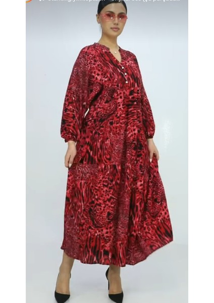 Büyük Beden Leopar Desenli Yazlık Pamuklu Viskon Kumaş Balon Kol Tesettür Elbise fiyatları