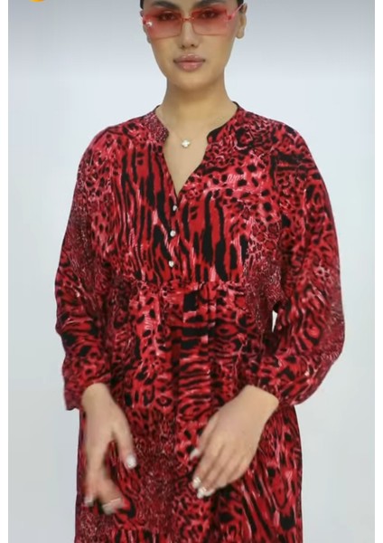 Büyük Beden Leopar Desenli Yazlık Pamuklu Viskon Kumaş Balon Kol Tesettür Elbise modelleri