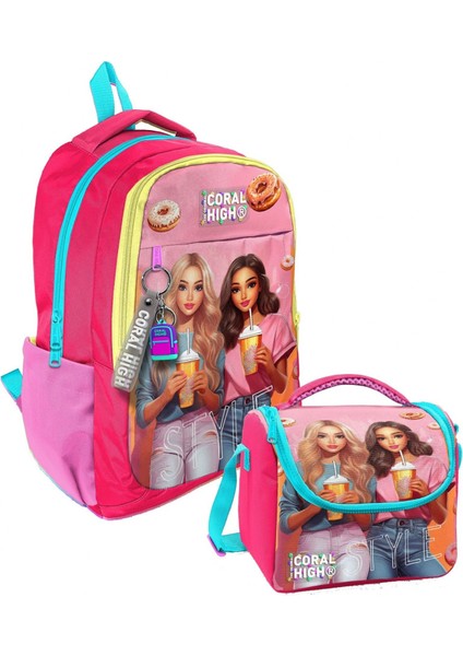 Kız Çocuk Ilk ve Ortaokul Sırt Çantası ve Beslenme Çantası - Pembe Kırmızı Fashion Girl