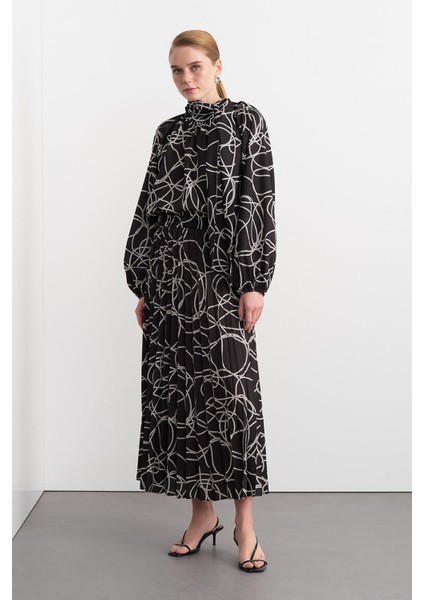 Rope Desenli Fularlı Gömlek Pilise Etek Takım Siyah