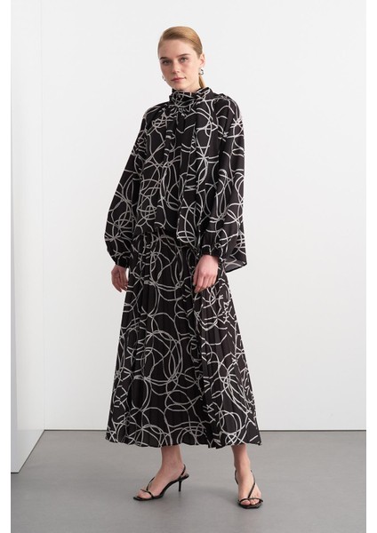 Rope Desenli Fularlı Gömlek Pilise Etek Takım Siyah indirimleri