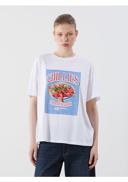 Yeni Sezon Bisiklet Yaka Baskili Oversize Kadin Tisort - S5PN95Z8