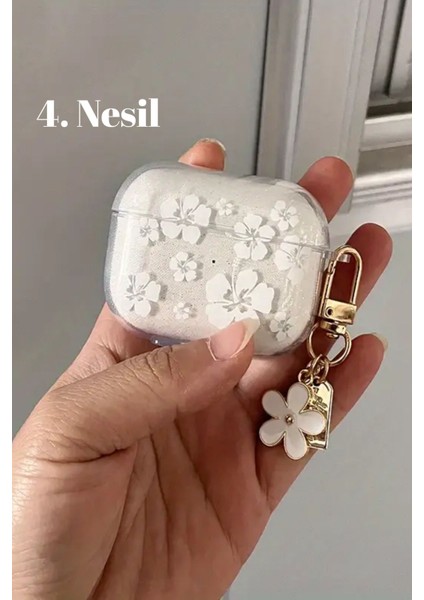 Airpods 4. Nesil Uyumlu Simli Beyaz Çiçek Desenli , Anahtarlıklı Kulaklık Kılıfı