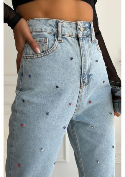 Kadın Yüksek Bel Taşlı Mom Fit Mavi Jean Pantolon modelleri