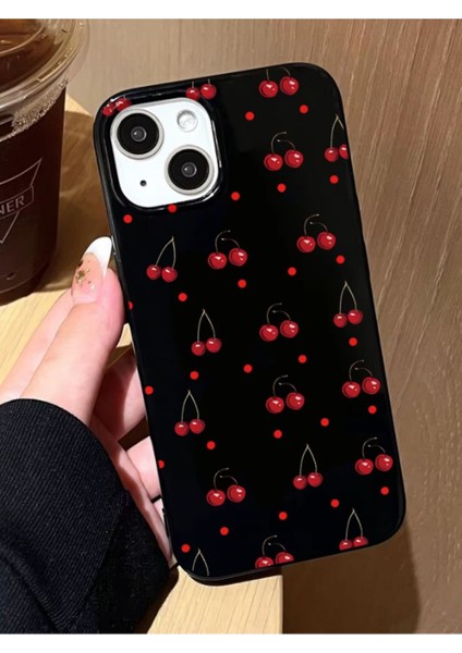 Iphone 15 Plus / 14 Plus Uyumlu Kılıf Kiraz Desenli Darbelere Dayanıklı Yumuşak Silikon Kapak Siyah