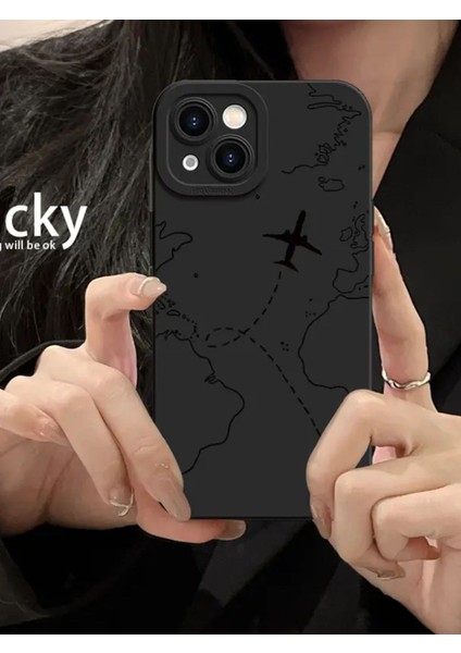 Iphone 13-14 Uyumlu Kılıf Mat Siyah Harita Desenli Darbelere Dayanıklı Yumuşak Kamera Korumalı Kapak modelleri