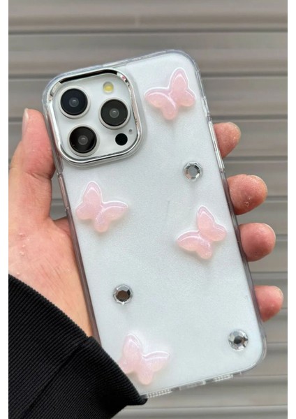 Apple iPhone 15 Pro Max Uyumlu Pembe Kelebek Kılıf Darbeye Karşı Dayanıklı Kapak