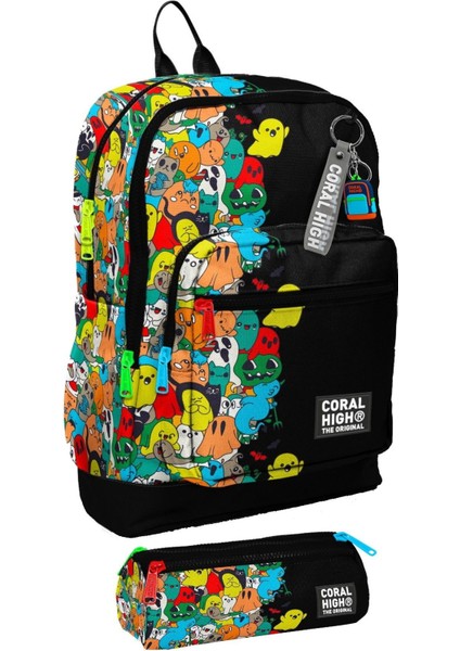 Ilkokul Erkek Çocuklarına Özel Dört Gözlü Sırt Çantası ve Kalemlik Seti- Siyah Hayaletler