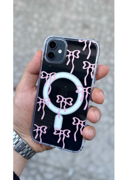 Apple Iphone 11 Uyumlu Pembe Fiyonk Desenli Magsafe Şeffaf Kılıf Darbeye Dayanıklı Kapak