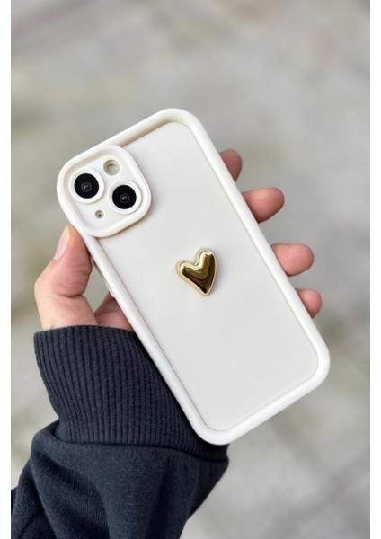 Iphone 15 Plus Uyumlu Kılıf 3D Gold Kalp Darbelere Dayanıklı Yumuşak Kamera Korumalı Kapak Beyaz modelleri