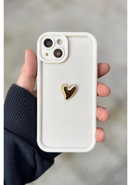 Iphone 15 Uyumlu Kılıf 3D Gold Kalp Darbelere Dayanıklı Yumuşak Kamera Korumalı Kapak Beyaz modelleri