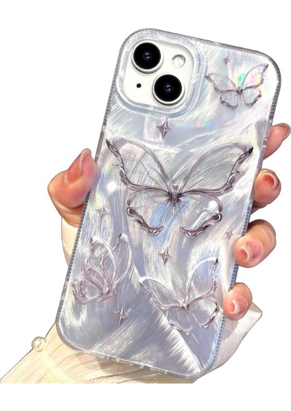 Apple Iphone 15 Plus /14 Plus Uyumlu Tüylü Kelebek Hologramlı Kılıf Darbeye Karşı Dayanıklı Kapak