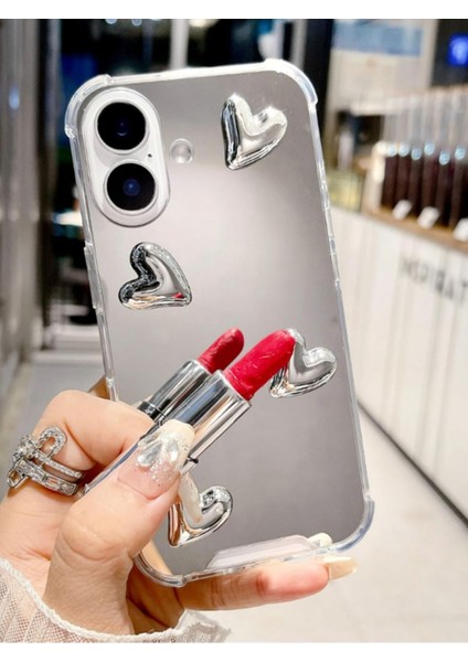 Iphone 16 Uyumlu Aynalı Kılıf Gümüş Kalp Tasarımlı Şık Darbelere Karşı Dayanıklı Esnek Kapak