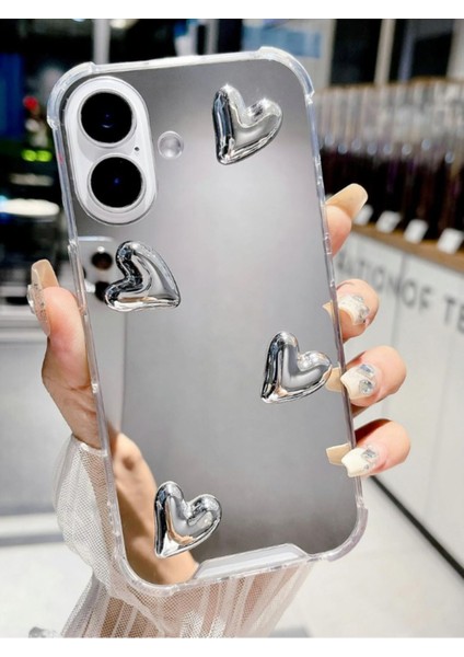 Iphone 16 Uyumlu Aynalı Kılıf Gümüş Kalp Tasarımlı Şık Darbelere Karşı Dayanıklı Esnek Kapak fiyatları