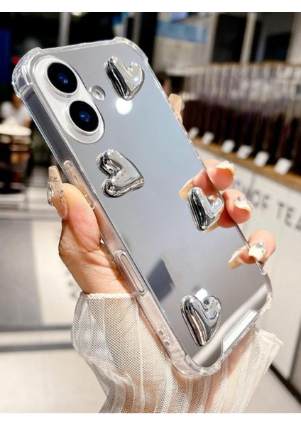 Iphone 16 Uyumlu Aynalı Kılıf Gümüş Kalp Tasarımlı Şık Darbelere Karşı Dayanıklı Esnek Kapak modelleri