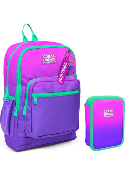 Pembe Mor Gradyan Kız Çocuk Okul Çantası ve Organizer Kalemlik Seti 23762 11137