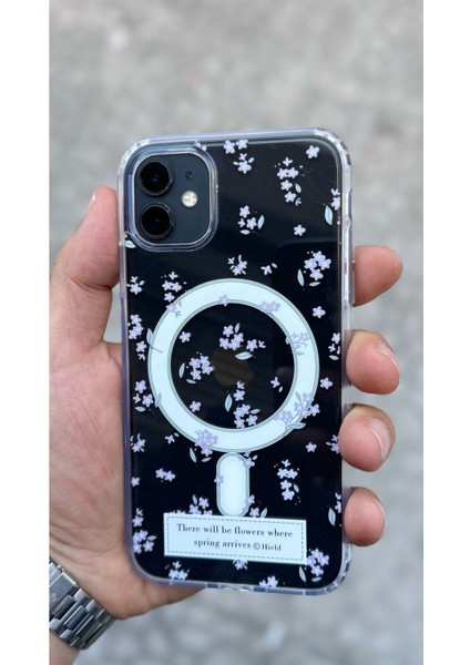 Iphone 11 Kılıf Mor Çiçek Desenli Magsafe Şeffaf Kılıf Darbeye Dayanıklı Kapak