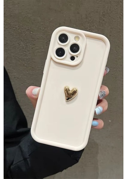 Iphone 15 Pro Uyumlu Kılıf 3D Gold Kalp Darbelere Dayanıklı Yumuşak Kamera Korumalı Kapak Beyaz