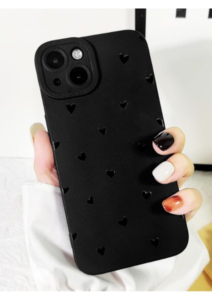 Iphone 13-14 Uyumlu Kılıf Mat Siyah Kalp Desenli Darbelere Dayanıklı Yumuşak Kamera Korumalı Kapak modelleri