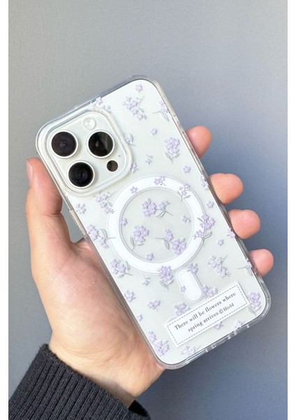 Iphone 16 Pro Kılıf Mor Çiçek Desenli Magsafe Şeffaf Kılıf Darbeye Dayanıklı Kapak