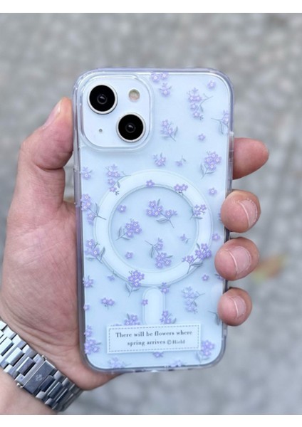 Iphone 15 Kılıf Mor Çiçek Desenli Magsafe Şeffaf Kılıf Darbeye Dayanıklı Kapak