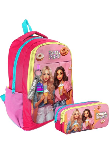 Ilkokul/ortaokul Sırt Çantası ve Iki Bölmeli Kalemlik Seti - Kız Çocuk - Pembe Kırmızı Fashion Girl
