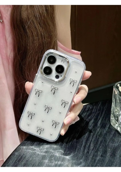 Apple iPhone 13 Pro Max Uyumlu Fiyonk Desenli Şeffaf Kılıf Simli Darbeye Karşı Dayanıklı Kapak