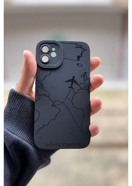 Iphone 12 Uyumlu Kılıf Mat Siyah Harita Desenli Darbelere Dayanıklı Yumuşak Kamera Korumalı Kapak