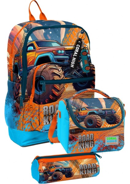 Ilkokul Üçlü Okul Başlangıç Çanta Seti - Mavi Turuncu Arazi Aracı, Erkek Çocuk