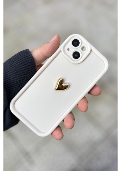 Iphone 13-14 Uyumlu Kılıf 3D Gold Kalp Darbelere Dayanıklı Yumuşak Kamera Korumalı Kapak Beyaz modelleri