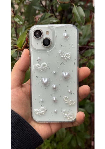 Apple Iphone 15 Uyumlu Kılıf Inci Kalpli Fiyonk Şeffaf Kılıf Simli Darbeye Karşı Dayanıklı Kapak