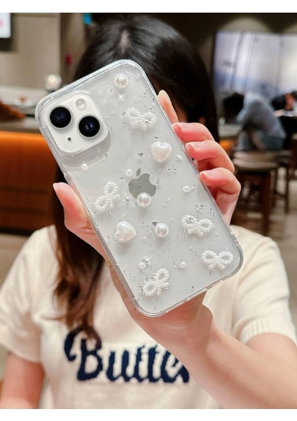 Apple Iphone 15 Uyumlu Kılıf Inci Kalpli Fiyonk Şeffaf Kılıf Simli Darbeye Karşı Dayanıklı Kapak fiyatları
