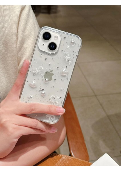 Apple Iphone 15 Uyumlu Kılıf Inci Kalpli Fiyonk Şeffaf Kılıf Simli Darbeye Karşı Dayanıklı Kapak modelleri