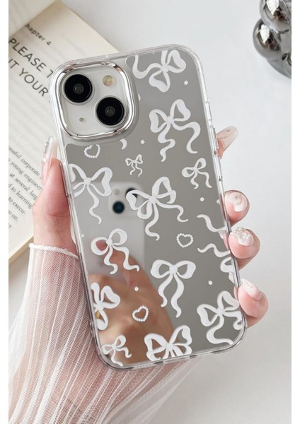Apple iPhone 13-14 Uyumlu Aynalı Kılıf Beyaz Fiyonk Desenli Darbelere Dayanıklı Kapak