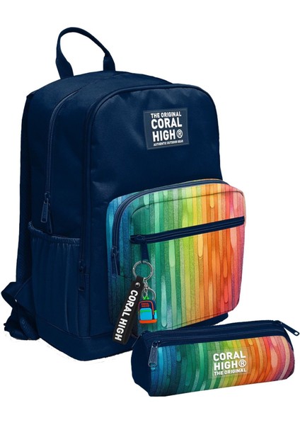Erkek Çocuk Dört Gözlü Okul Sırt Çantası ve Kalemlik Seti - Lacivert Çok Renkli Çizgi Desenli - Ilkokul ve Ortaokul Için Uygun