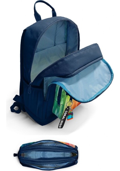 Erkek Çocuk Dört Gözlü Okul Sırt Çantası ve Kalemlik Seti - Lacivert Çok Renkli Çizgi Desenli - Ilkokul ve Ortaokul Için Uygun fiyatları