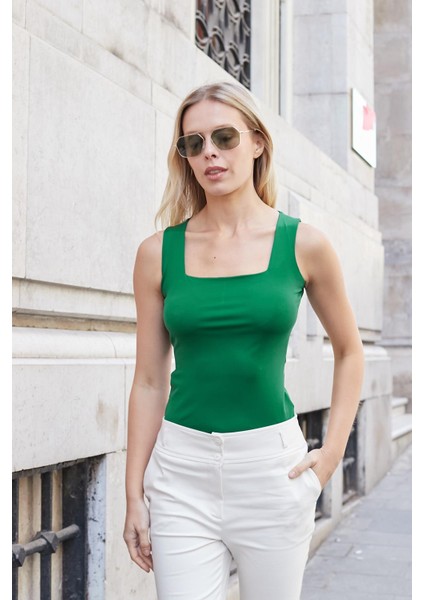 Kare Yaka Kolsuz Liralı Parlak Kumaş Body-Koyu Yeşil indirimleri