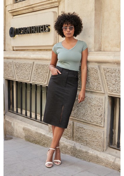 V Yaka Kısa Kol Likralı Pamuk Kumaş Body-Koyu mint fiyatları