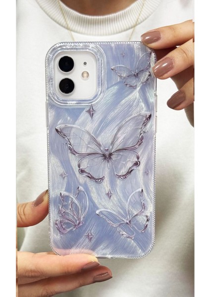 Iphone 12/12PRO Uyumlu Kılıf Tüylü Kelebek Hologramlı Kılıf Darbeye Karşı Dayanıklı Kapak