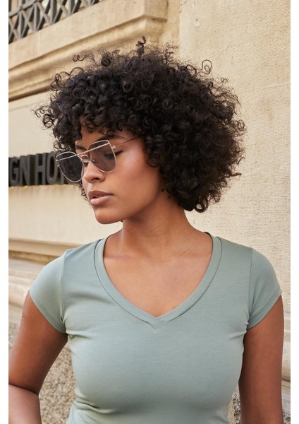 V Yaka Kısa Kol Likralı Pamuk Kumaş Body-Koyu mint fırsatları