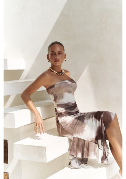Stracnaha Drape Detaylı Kahve Straplez Elbise
