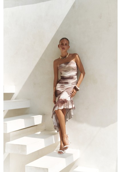 Stracnaha Drape Detaylı Kahve Straplez Elbise fiyatları