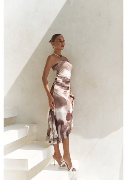 Stracnaha Drape Detaylı Kahve Straplez Elbise modelleri