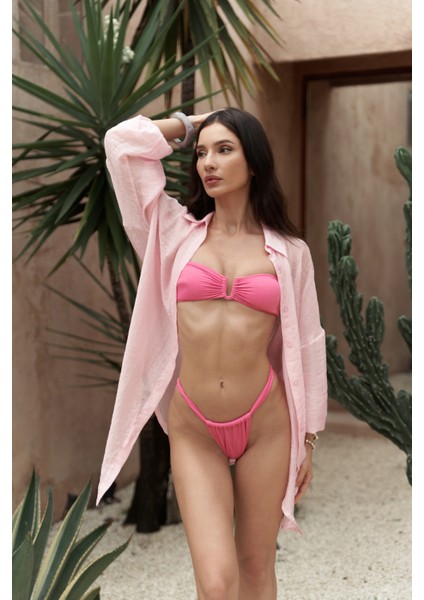 Lahla Büzgü Detaylı Kalın Bant Pembe Bikini Altı
