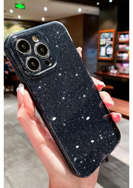 Apple iPhone 15 Pro Max Kılıf Simli Ince Darbe Dayanıklı Silikon Parlak Yumuşak Kapak Siyah