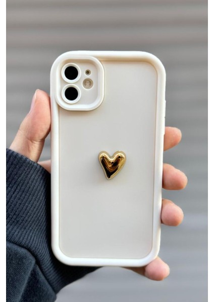 Iphone 12 Uyumlu Kılıf 3D Gold Kalp Darbelere Dayanıklı Yumuşak Kamera Korumalı Kapak Beyaz
