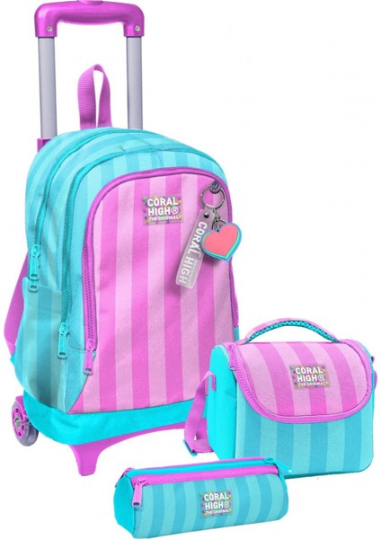 Çekçek Tekerlekli Kız Çocuk, Turkuaz Pembe Çizgili, Ilkokul Üçlü Okul Çanta Seti