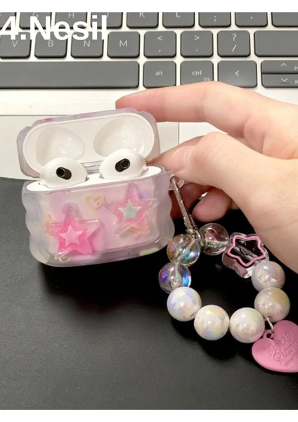 4. Nesil Uyumlu 2024 Kulaklık Kılıfı Pembe Yıldız Inci Boncuklu