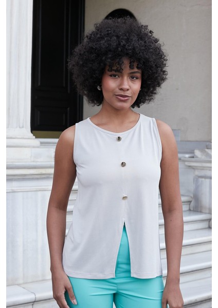 Kadın Modal Kumaş Geniş Sıfır Yaka Önü Yırtmaçlı Düğmeli Kolsuz Bluz-Taş fiyatları