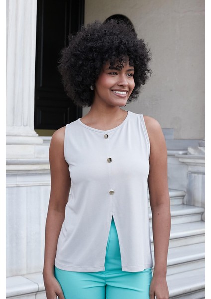 Kadın Modal Kumaş Geniş Sıfır Yaka Önü Yırtmaçlı Düğmeli Kolsuz Bluz-Taş modelleri